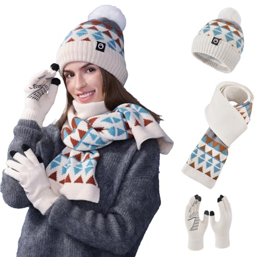 Mhwgo Conjunto de gorro, bufanda y guantes para mujer, gorro de invierno con pompón y forro polar, guantes para pantalla táctil (WH)