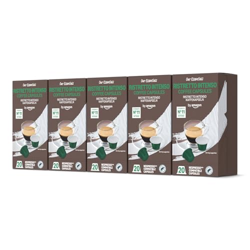 by Amazon Ristretto Intenso Cápsulas de Café Compatibles con Nespresso - 100 Cápsulas (5 Paquetes x 20) - Certificado Rainforest Alliance