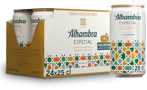 Alhambra Especial, Pack 24 Latas x 25 cl, Cerveza Especial de Fermentación Lenta, 5.4% Volumen Alcohol