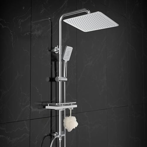 Görbach Columna de Ducha sin Grifo Set Ducha Acero Inoxidable Altura Adjustable Conjunto Set Juego Ducha Baño con Ducha Mano, Estante y Cabezal Ducha Rociador 25 * 25CM