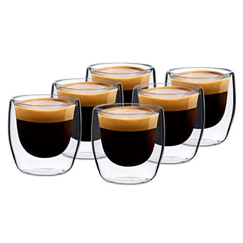 GLASWERK Juego de Tazas de Espresso de Diseño (6 x 80ml) - Vasos de Espresso de Doble Pared de 80ml - Vasos de Doble Pared de Vidrio de Borosilicato - Juego de Vasos de Espresso