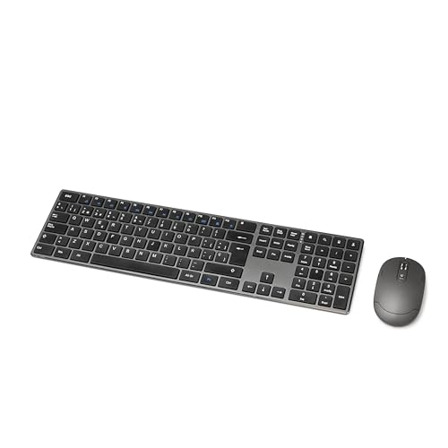 Amazon Basics Teclado ultrafino de tamaño completo y ratón inalámbrico, silencioso y recargable con teclado numérico, ES/MX Layout Gray, color negro