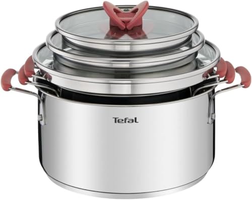 Tefal Optispace - Juego de 3 Ollas 18/20/24 cm + 3 Tapas, Apto Inducción, Thermo-Fusion, Marcas de Medición, Apto Lavavajillas y Horno, Acero Inoxidable