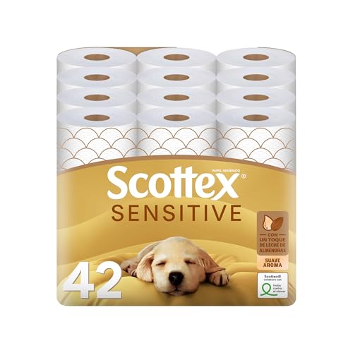 Scottex Papel Higiénico Sensitive 42 rollos con 3 capas cuidado delicado gracias al toque de leche de almendras (7 packs de 6 rollos)