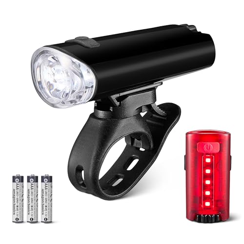 Amazon Basics Set de Luces LED para Bicicleta con Faro 100 Lúmenes y Luz Trasera 10 Lúmenes - Luces de Bici Impermeables 3 Modos con Soportes - Pilas Incluidas - Negro y Rojo