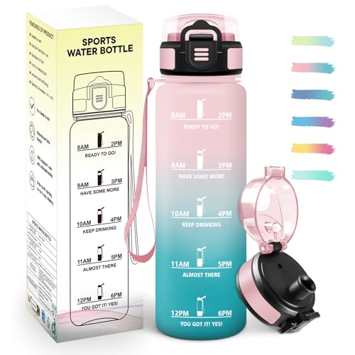 Mulbijeo Botella de Agua 1000ML, Reutilizable, Cantimplora con Lemas Motivacionales & Marcador de Tiempo