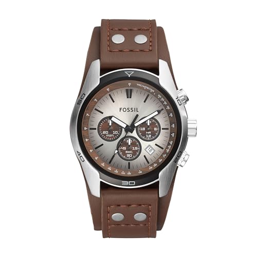 Fossil Reloj para Hombre Coachman, Cronógrafo de Cuarzo, Acero Inoxidable Plateado 45mm, Correa de Piel Auténtica - CH2565