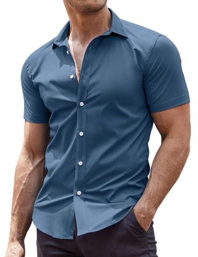 COOFANDY - Camisas de manga corta para hombre, camisas de vestir de verano, camisa formal de verano, camisa elástica para negocios, camisa casual de trabajo XS-4XL, Gris Azul, S