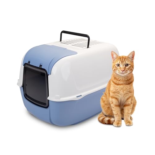 Ferplast Arenero Gato Prima Cabrio Arenero Gatos Cubierto con 2 Filtros de Carbón Antiolor Incluidos, Caixa de Areia para Gatos Grandes y Pequeños, Puerta Opaca y Asa, 39,5 x 52,5 x h 38 cm.Azul