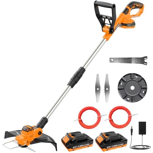 JYGMPRO 21V Desbrozadora Batería, Cortabordes Batería Brushless con 2 Baterías 2.0Ah, 2 Bobinas de Hilo de 5 m, 2 Cuchillas, Tubo Telescópico, Mango Ajustable, Cabezal Pivotante 90° para Jardín Poda