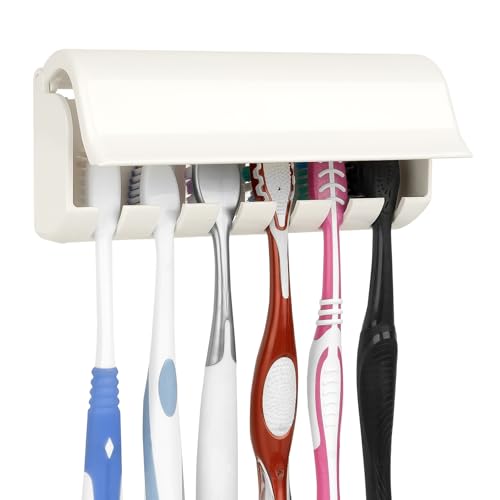 Linkidea - Soporte de pared para cepillos de dientes con tapa para ducha, organizador para armario de caravana, plástico autoadhesivo, 6 ranuras, compatible con Oral-B CrossAction y Colgate Extra Clean