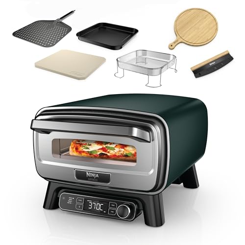 Ninja Artisan Horno eléctrico de exterior para pizza y freidora de aire, 4 funciones, tabla de servir, cuchillo mecedora, piedra de 30 cm, pala, bandeja y cesta para freír con aire, verde MO201AMZEU