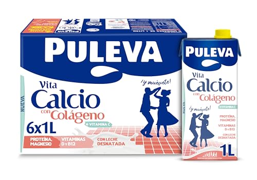Puleva - Vita Calcio, Leche Desnatada con Colágeno, Con Vitaminas C, B12, Calcio y Magnesio, Ayuda a Huesos, Músculos y Articulaciones - Pack 6x1L
