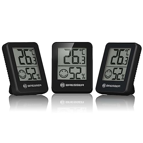 Bresser Temeo Termómetro, higrómetro, set de 3 higroindicadores para colocar de pie o en la pared con indicador de temperatura interior, negro