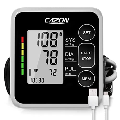 CAZON Tensiómetro de Brazo - Monitor de Presión Arterial Doméstico con Detector de Frecuencia Cardíaca y Memoria para 2 Usuarios