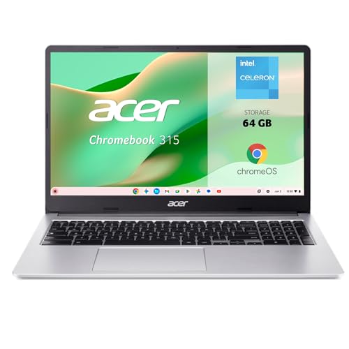 acer Chromebook 315-4H - Ordenador Portátil de Google 15.6" FullHD (Intel Celeron N4500, 8GB RAM, 64GB eMMc, Chrome OS) Plata, QWERTY + 3 Meses de Google AI Pro con Gemini Pro y 2TB de Almacenamiento