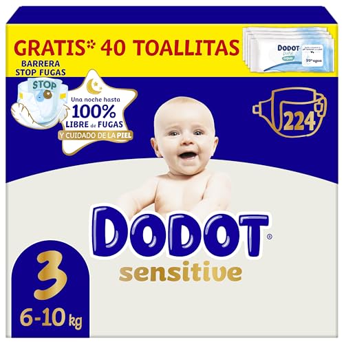 Dodot Pañales Bebé Sensitive, Talla 3 (6-10 kg), 224 Pañales + 1 Pack de 40 Toallitas Regalo de Aqua Plastic Free, Nº1 en Protección de la Piel