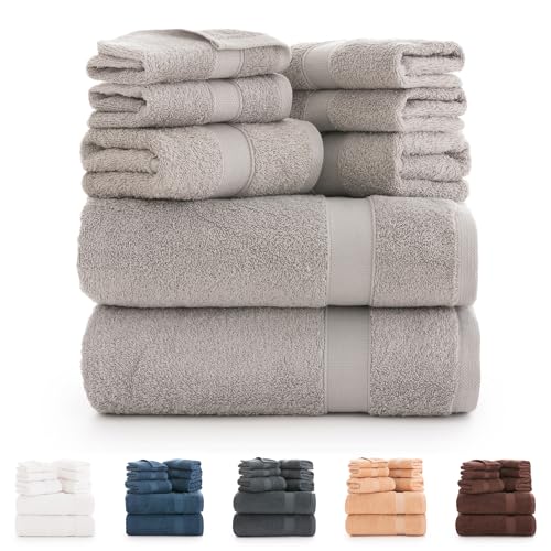 Todocama - Juego de 8 Toallas de Baño 100% Algodón (550 gsm) Extra Suaves, Alta Absorción y Secado Rápido, 2 Toallas de Baño, 2 de Mano y 4 de Cara (Gris Claro)