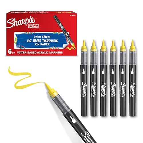 Rotuladores acrílicos creativos de Sharpie | Marcadores con punta de pincel base agua | Escribe en la mayoría de superficies | Materiales de arte y manualidades | Amarillo | 6 Piezas