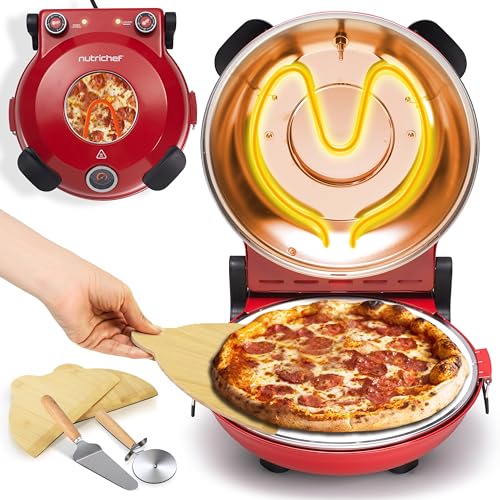 Nutrichef Horno Eléctrico para Pizza, 1200W, Control de Temperatura con Termómetro, Ventana de Visualización, Antiadherente