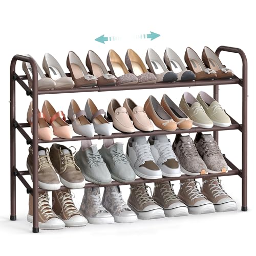 SONGMICS Zapatero Extensible de 3 Niveles, Organizador de Zapatos Ajustable, Estante para Pasillo, Armario o Puerta, Bronce LMR039A01