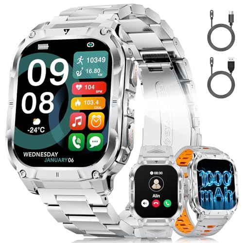 LIGE SMART Reloj Inteligente Hombre con LED Linterna, 1000mAh/IP68 Impermeable/2.0" HD Militar Smartwatch con Llamadas, 100+ Modos Deportivos/24H Pulsómetro/Sueño Pulsera Actividad Android iOS, Plata