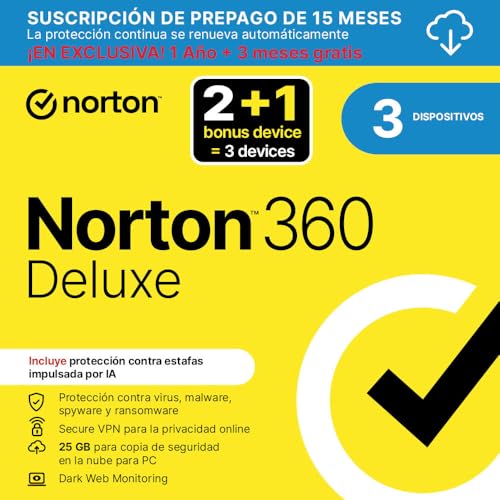 Norton 360 Deluxe 2026 | Antivirus para 2+1 Dispositivos | 15 Meses con Renovación Automática | Descarga Digital