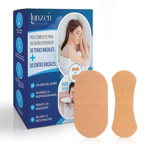 Lunzen 60u Tiras Nasales y Cinta Bucal para Dormir Antironquidos – Pack 2 en 1 Hipoalergénico