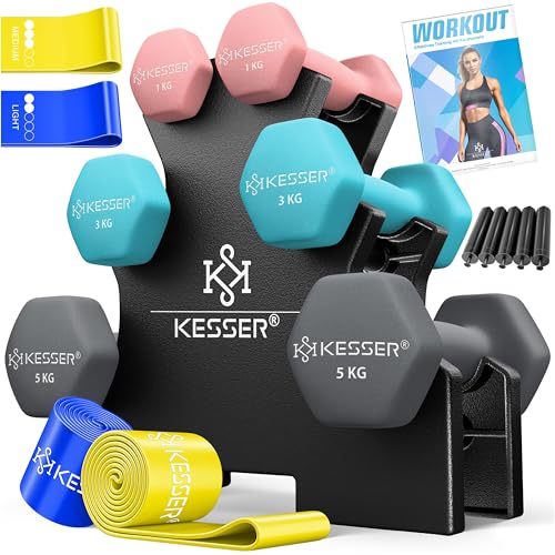 KESSER Juego de Mancuernas, 3 Pares, 1 kg – 5 kg, 12 kg o 18 kg, con Soporte y Almacenamiento