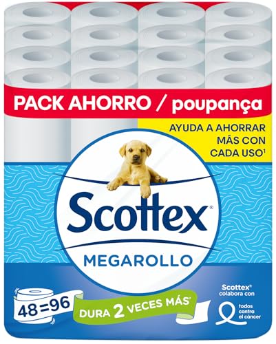 Scottex Papel Higiénico Megarollo (Doble rollo) - 48 rollos equivalen a 96 rollos regulares (4 packs de 12 rollos)