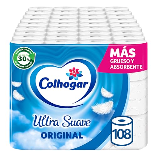 Colhogar Ultra Suave Original x108 - Papel Higiénico Blanco de 2 Capas - 9 paquetes de 12 Rollos, Sin Perfume