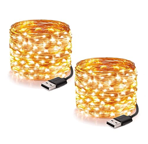 TZFTZ 2 PACK Guirnalda Luces USB, 20M (10X2) 200 LED Luces de Cadena, Blanco Cálido Alambre de Cobre Guirnalda Cadena Luces LED Decoración para Habitación Interior Bodas Fiesta de Navidad