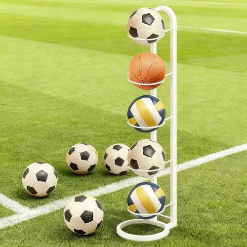 WEFHEF Soporte Balon Futbol de 5 Niveles, Soporte Pelota Baloncesto Vertical, Estante para Pelotas de Metal, Estantería de Cinco Niveles para Almacenar Pelota para Baloncesto, Fútbol (blanco)