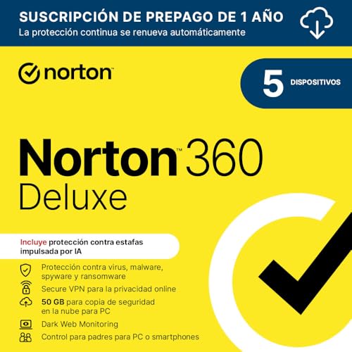 Norton 360 Deluxe 2025 | Antivirus 5 Dispositivos | 1 año con renovación automática | Descarga digital