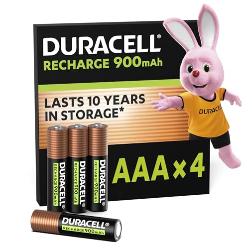 Duracell Pilas Recargables AAA (Paquete de 4) - 900 mAh NiMH, Precargadas, 0% Plástico en Embalaje