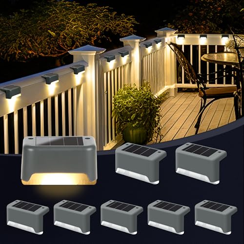 GIGALUMI Luces Solares para Exteriores Pack de 8, Luces para Escaleras, Impermeables, Iluminación LED para Escaleras Exteriores, Escalones, Vallas, Patios, Terrazas, Gris, Blanco Cálido