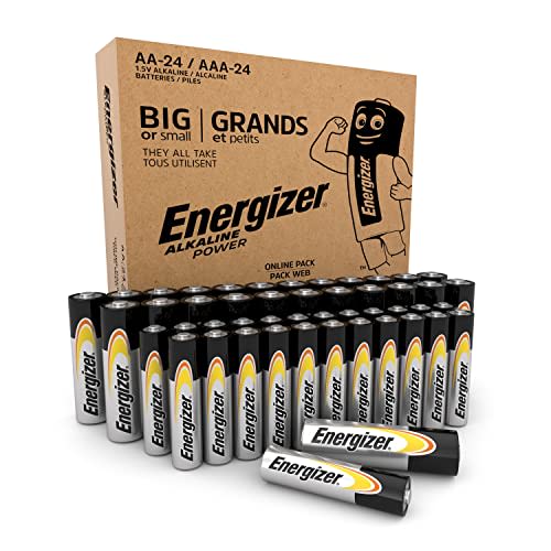 Energizer Alkaline Power Pilas AA + AAA (Paquete de 48) - 24AA y 24AAA Unidades - 1,5V Baterías Alcalinas - Embalaje 100% reciclable y sin plástico - 7 años de Vida útil [Exclusivo en Amazon]