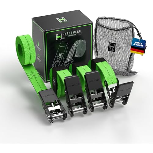 HARDTWERK® Correas tensoras con carraca (4 Unidades) – 6 m, 1000 kg de Fuerza de Agarre, Certificado TÜV & GS, versátiles Correas de trinquete para Uso Profesional – Remolque, Equipaje y Camping