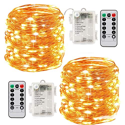 Tonskooners Cadena de Luces LED, 2 PCS 10 metro 100 LED luces de hadas de hilo 8 modos temporizador impermeable cuerda luces de alambre de cobre con control remote (cálido)