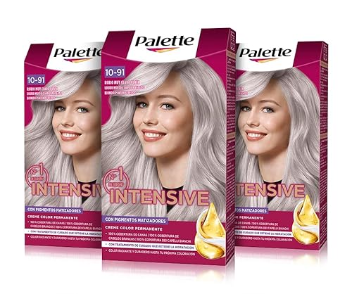 Palette Intensive Creme Color 10-91 Rubio Muy Claro Plata - Tinte Permanente con Aceite de Macadamia y Almendras | Cubre 100% Canas y Raíces