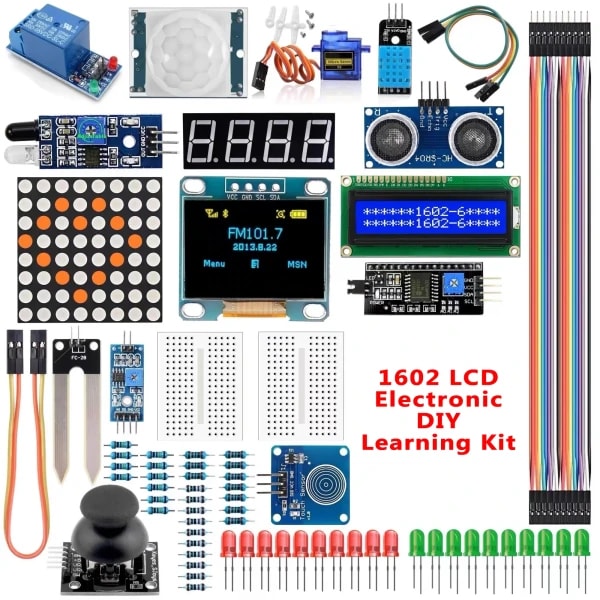 Kit de Bricolaje Electrónico con Pantalla LCD 1602 y Pantalla de 0.96 Pulgadas para Placa Arduino R3, Paquete de Componentes, Kit de Inicio para Principiantes