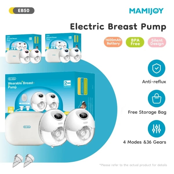 MAMIJOY 2 uds extractor de leche eléctrico portátil 4 modos y 36 niveles de succión silencioso a prueba de fugas manos libres extractores de leche portátiles EB50D
