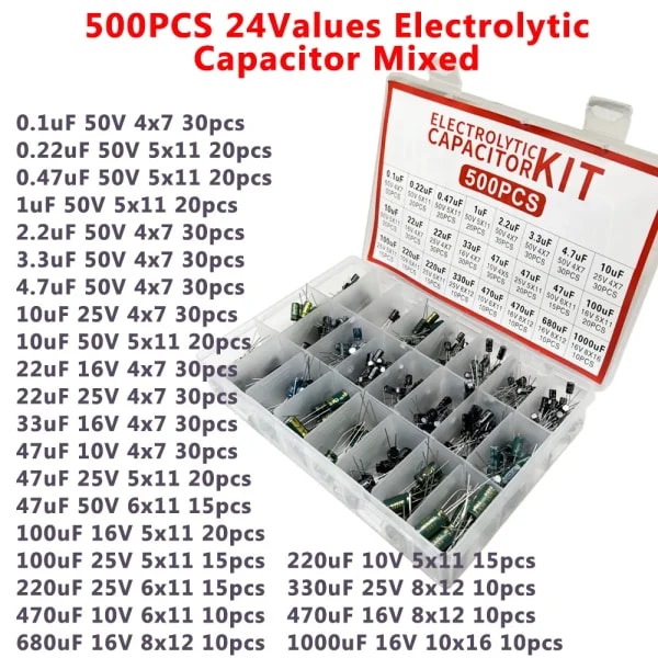 500PCS Condensadores Electrolíticos de 0.1uF-1000uF, 24 Valores, Kit Electrónico Mixto DIP, Condensadores Electrolíticos de 10V 16V 25V 50V