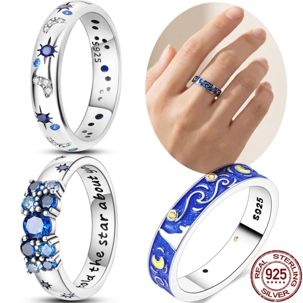 Nuevos anillos originales de Plata de Ley 925, anillo de circón de plata con estrella, sol, cielo estrellado para mujer, regalo de joyería de aniversario de boda