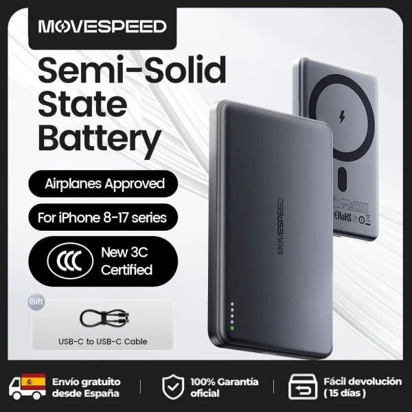【CCC】MOVESPEED P07 Batería Externa Semisólida de 10000mAh 5000mAh con Carga Magnética Inalámbrica para iPhone 17 16 15