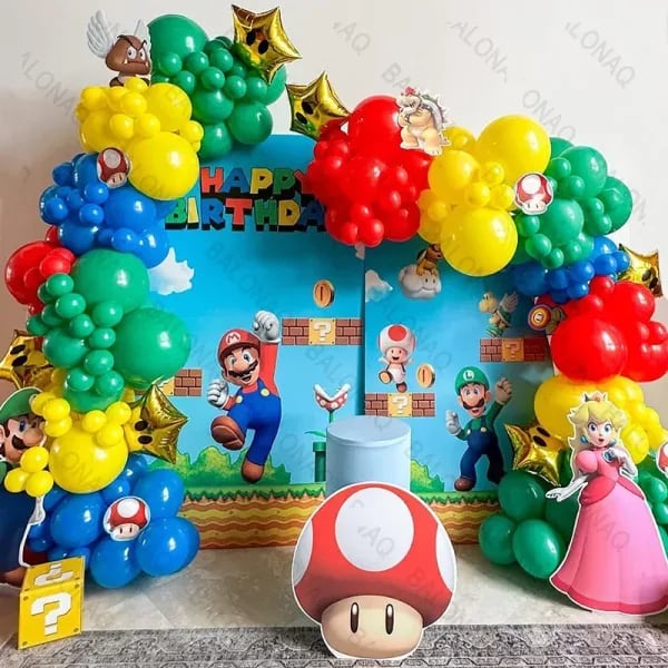 108 Uds. Decoración de fiesta temática de Mario, Kit de arco de guirnalda de globos, globos de setas y estrellas, decoración para fiesta de cumpleaños para niños, Baby Shower