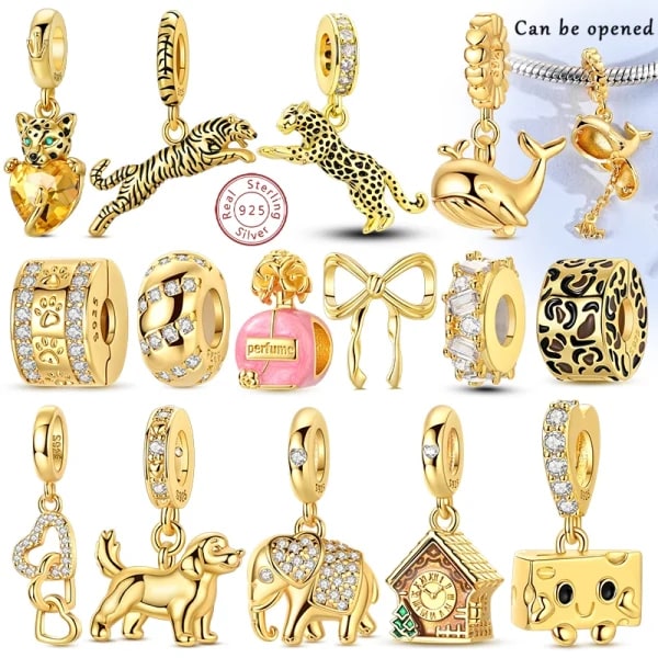 Abalorio Original dorado para mujer, de Plata de Ley 925, Cruz de leopardo, hueso de perro, tierra, avión, apto para pulseras, colgante, joyería DIY