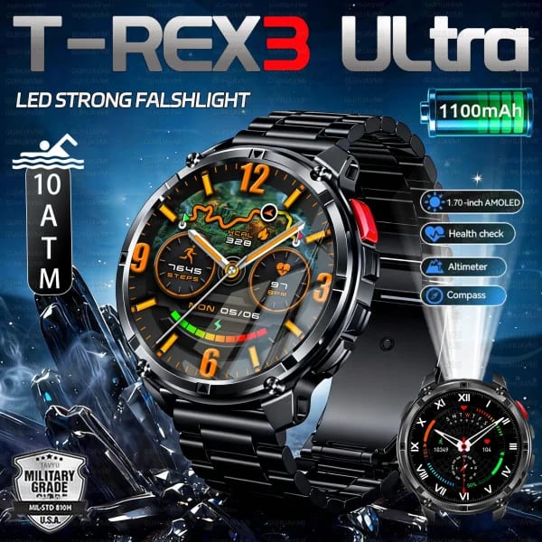 Reloj inteligente militar T-Rex3 Ultra GPS Track para hombre, batería de 1100mAh, llamada Bluetooth, linterna resistente al agua, brújula, reloj inteligente para exteriores