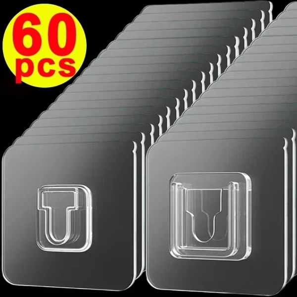 Ganchos de pared autoadhesivos de doble cara, soportes de almacenamiento de ganchos de pared para cocina y dormitorio, adhesivos fuertes, transparentes, sin rastro, 60-10 Uds.