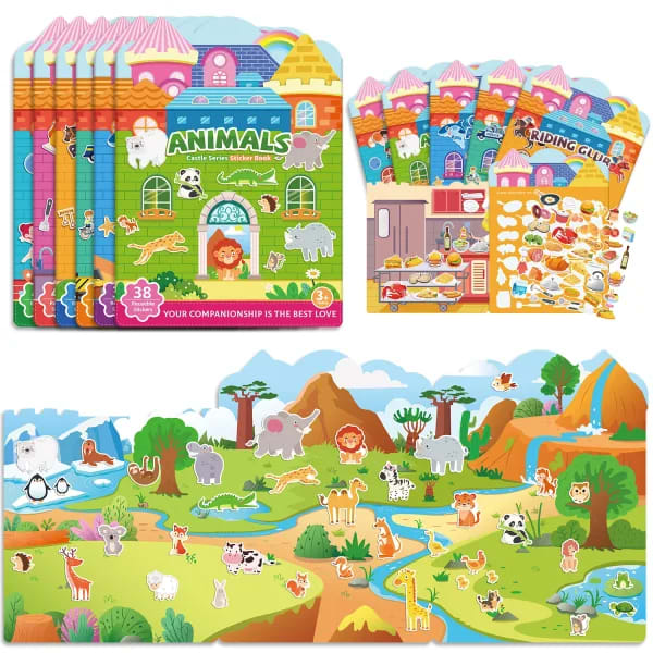 Nuevo libro de pegatinas reutilizable para niños, juguete para regalo con temática de vehículo de animales de dibujos animados para niños y niñas, diversión educativa